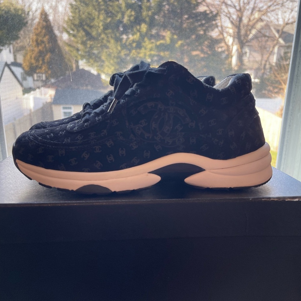 Black Chanel Velvet Logo Sneakers with White Sole